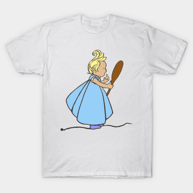 cute little girl blue dress looking in mirror T-Shirt by Captain-Jackson